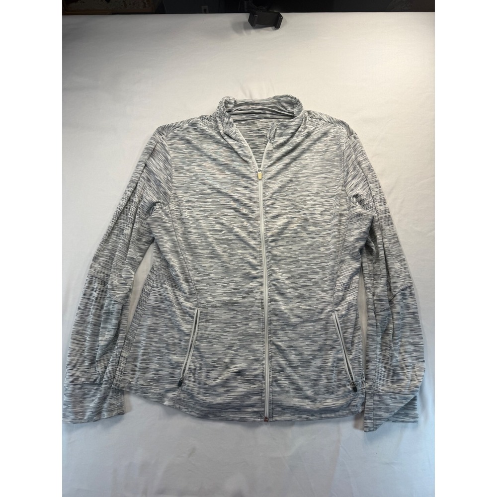 Activewear Women Full Zip Space Dye Athletic Jacket Grey White Mock Neck Pockets